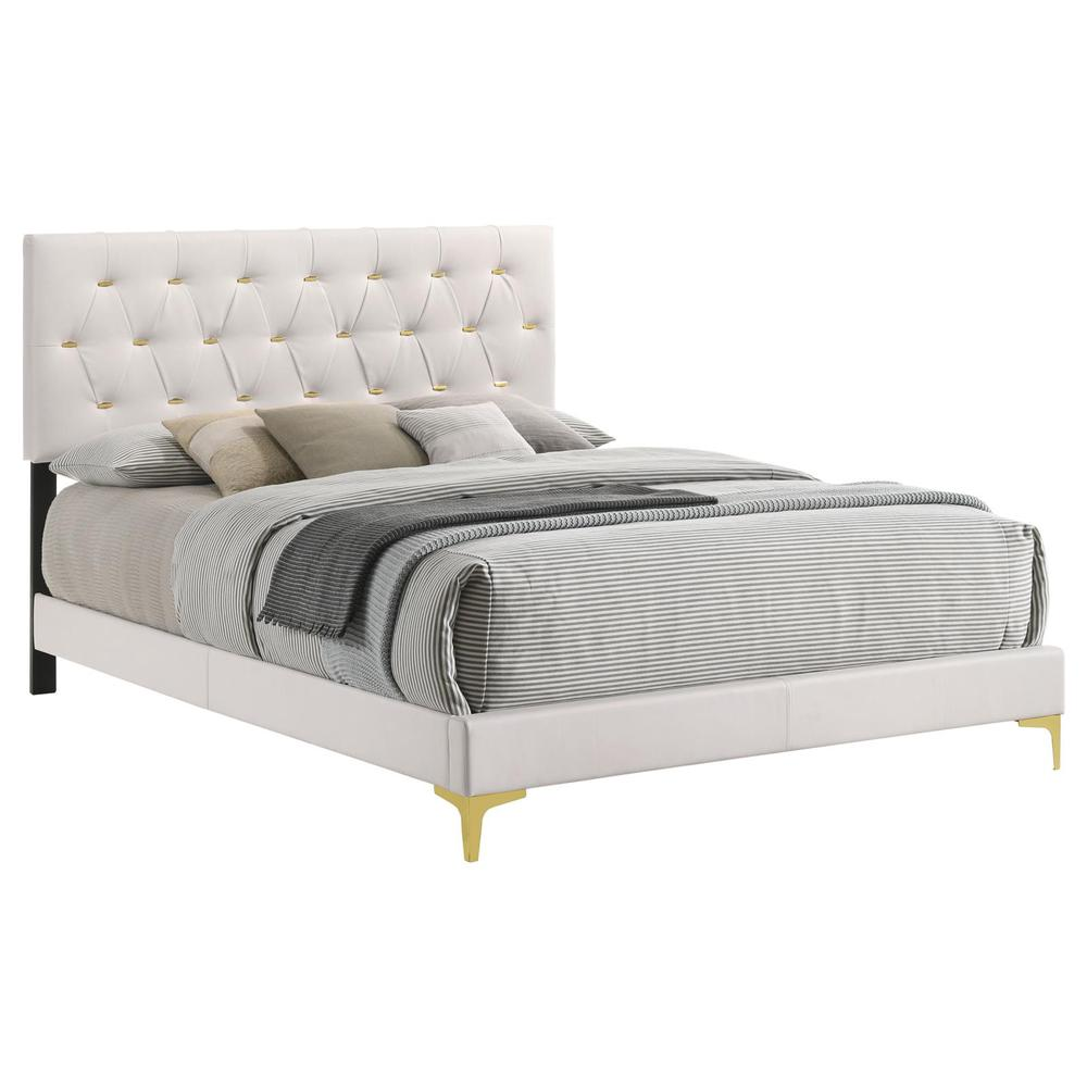 Start2Finish Kendall California King Panel Bed in white with upholstered headboard and sleek frame, showcasing elegant bedroom furniture.