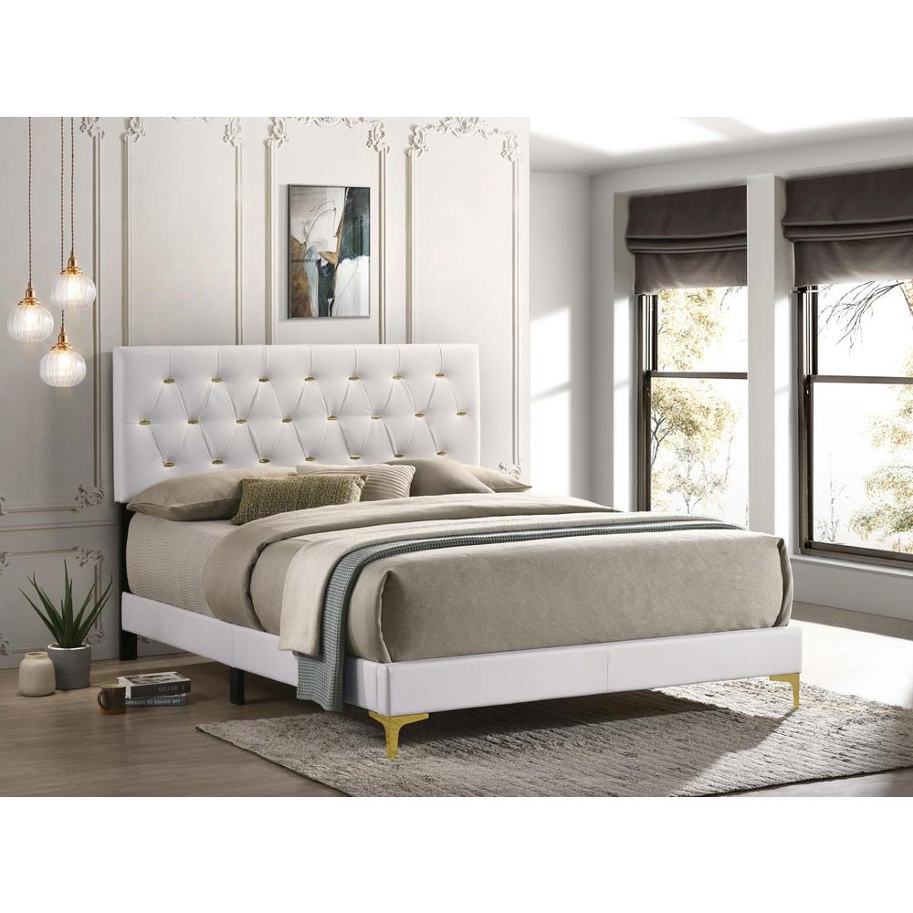 Kendall upholstered queen panel bed in white with a padded headboard and sleek design, from Start2Finish.