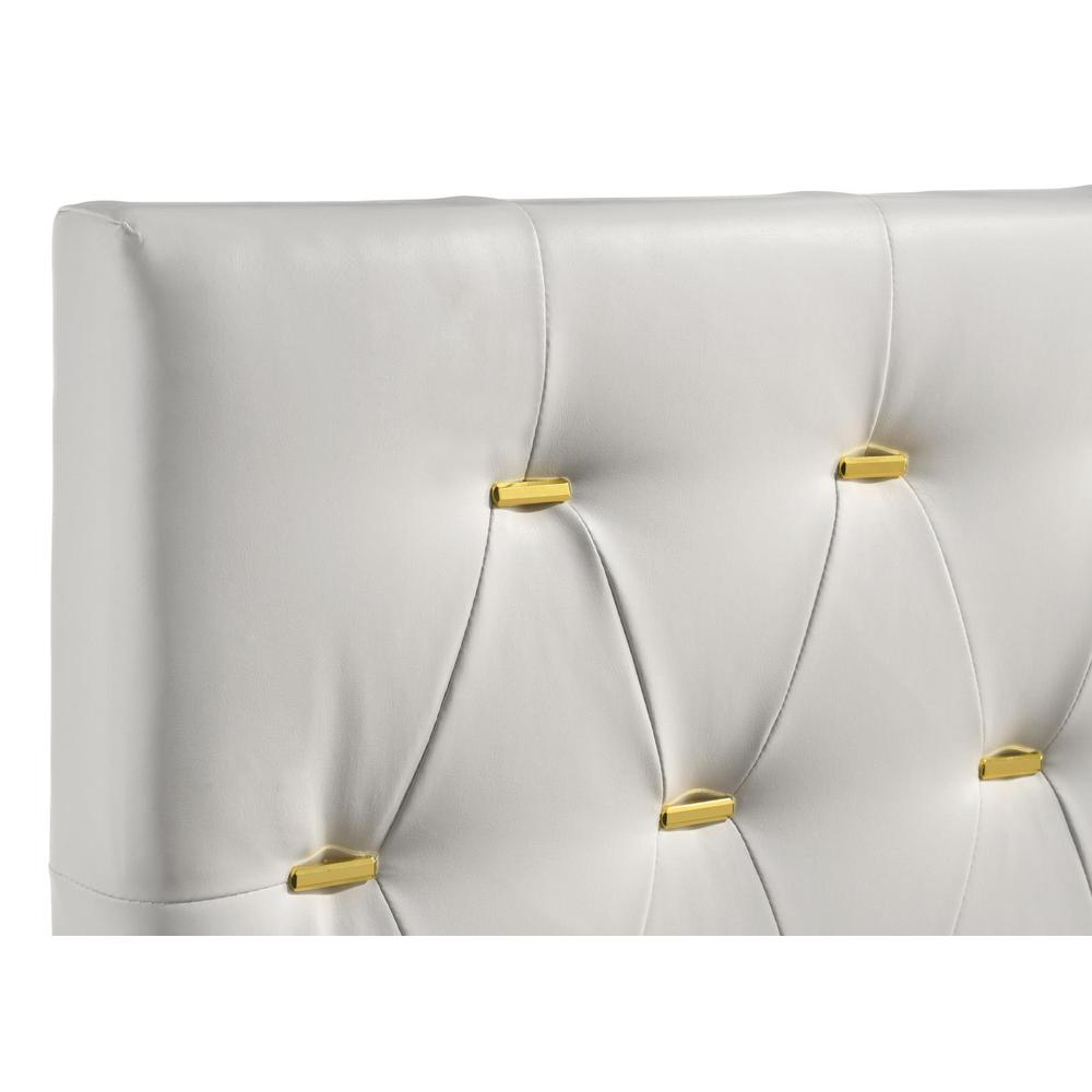 Kendall upholstered queen panel bed by Start2Finish with white fabric and padded headboard, shown in a modern bedroom setting.