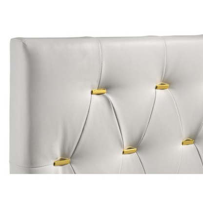 Kendall upholstered queen panel bed by Start2Finish with white fabric and padded headboard, shown in a modern bedroom setting.