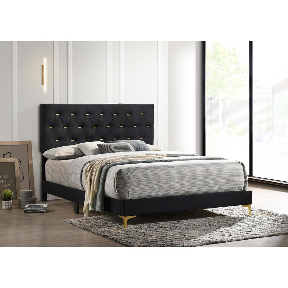 Black Kendall California King panel bed with upholstered headboard and frame, stylish bedroom furniture by Start2Finish.