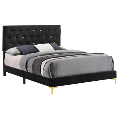 Kendall upholstered California King panel bed in black with padded headboard and sleek wooden frame, from Start2Finish.