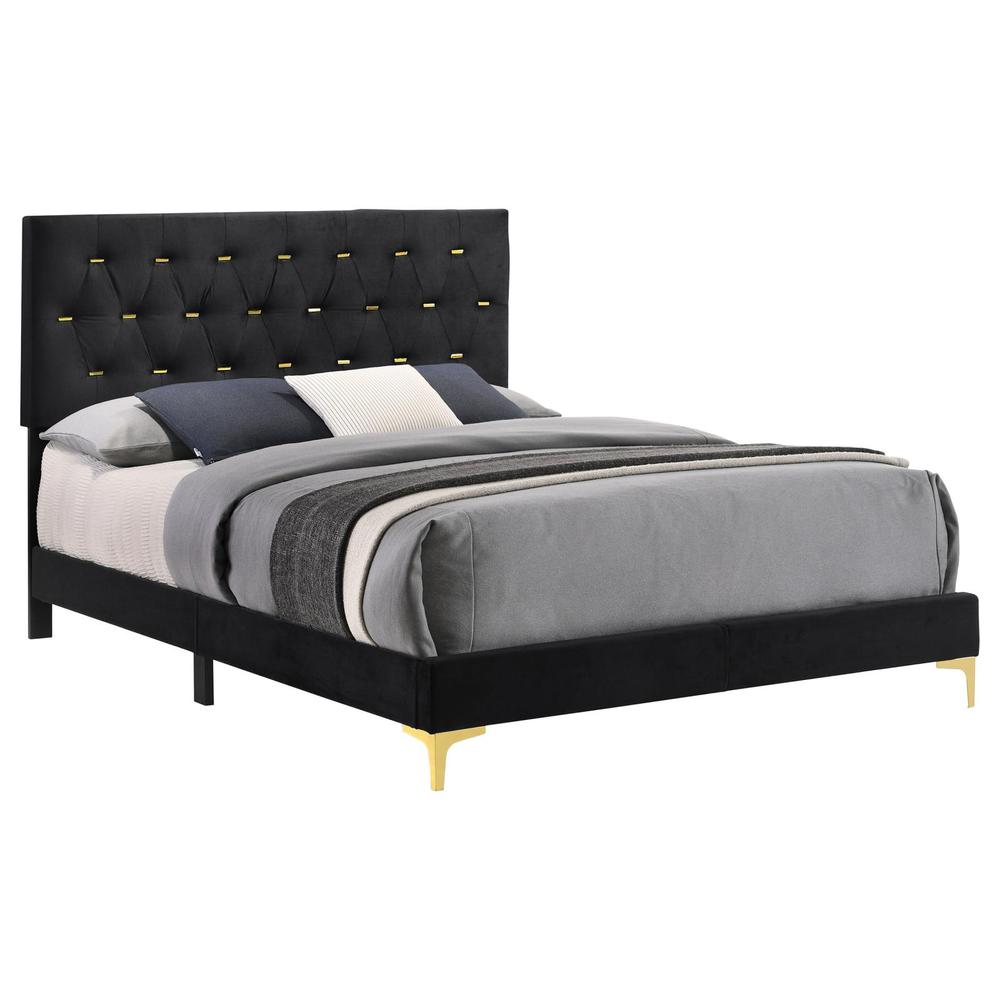 Black upholstered Kendall queen panel bed from Start2Finish with a padded headboard and sleek furniture design.