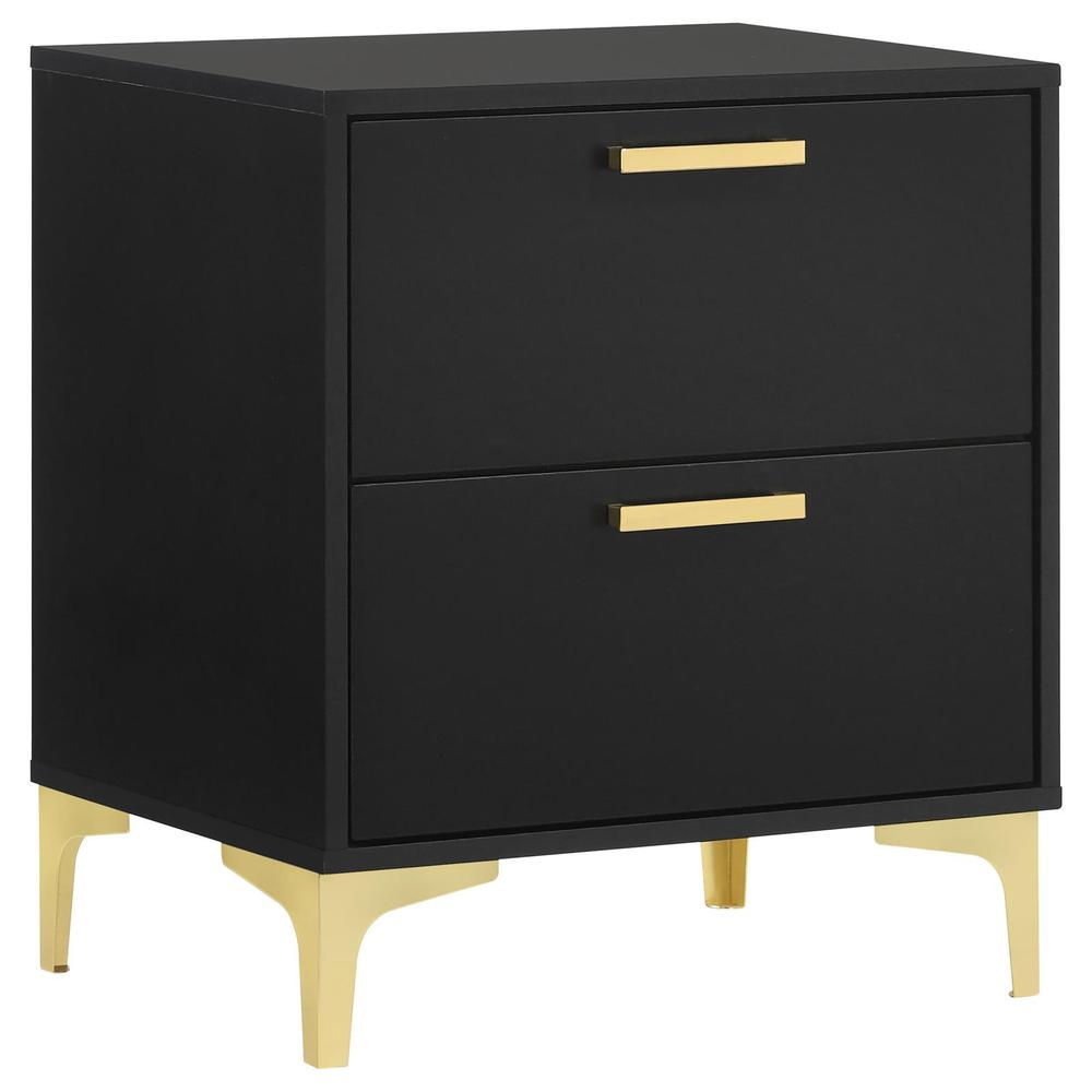 Black Kendall 2-drawer nightstand by Start2Finish with sleek drawers and modern design, shown in a well-lit bedroom setting.