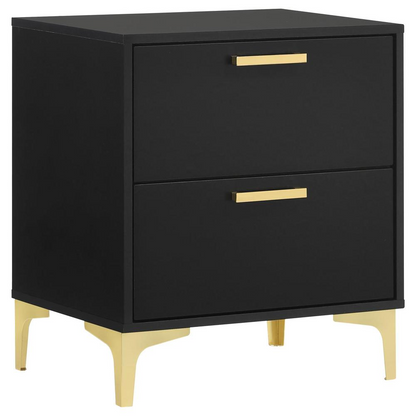 Black Kendall 2-drawer nightstand by Start2Finish with sleek drawers and modern design, shown in a well-lit bedroom setting.