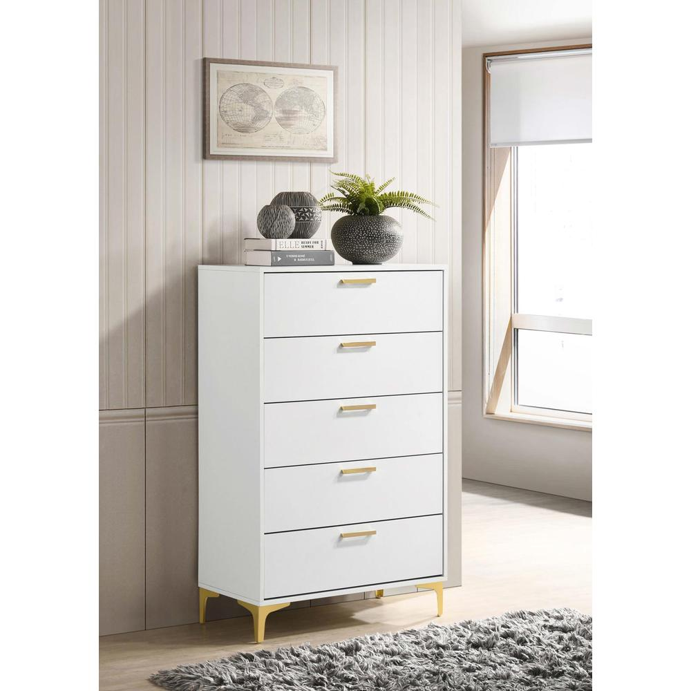 White Kendall 5-drawer bedroom chest by Start2Finish with sleek handles and spacious drawers for bedroom storage.