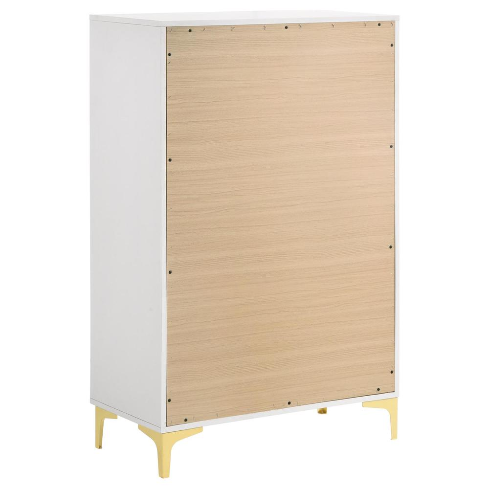 White Kendall 5-drawer bedroom chest by Start2Finish with sleek design and ample storage in a modern bedroom setting.