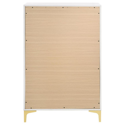 White Kendall 5-drawer bedroom chest by Start2Finish with sleek design and modern handles, positioned in a bedroom setting.