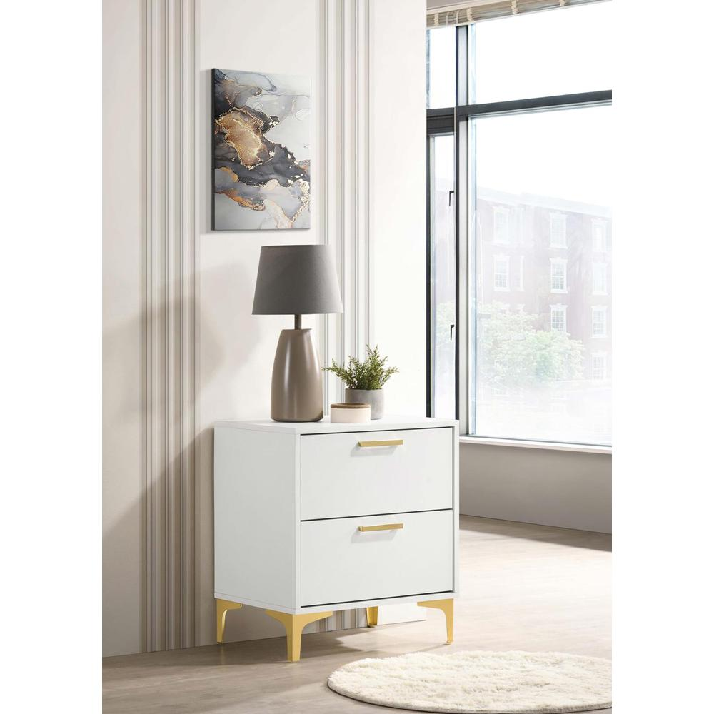 White Kendall 2-drawer nightstand by Start2Finish with sleek design and metal handles, shown in a well-lit bedroom setting.