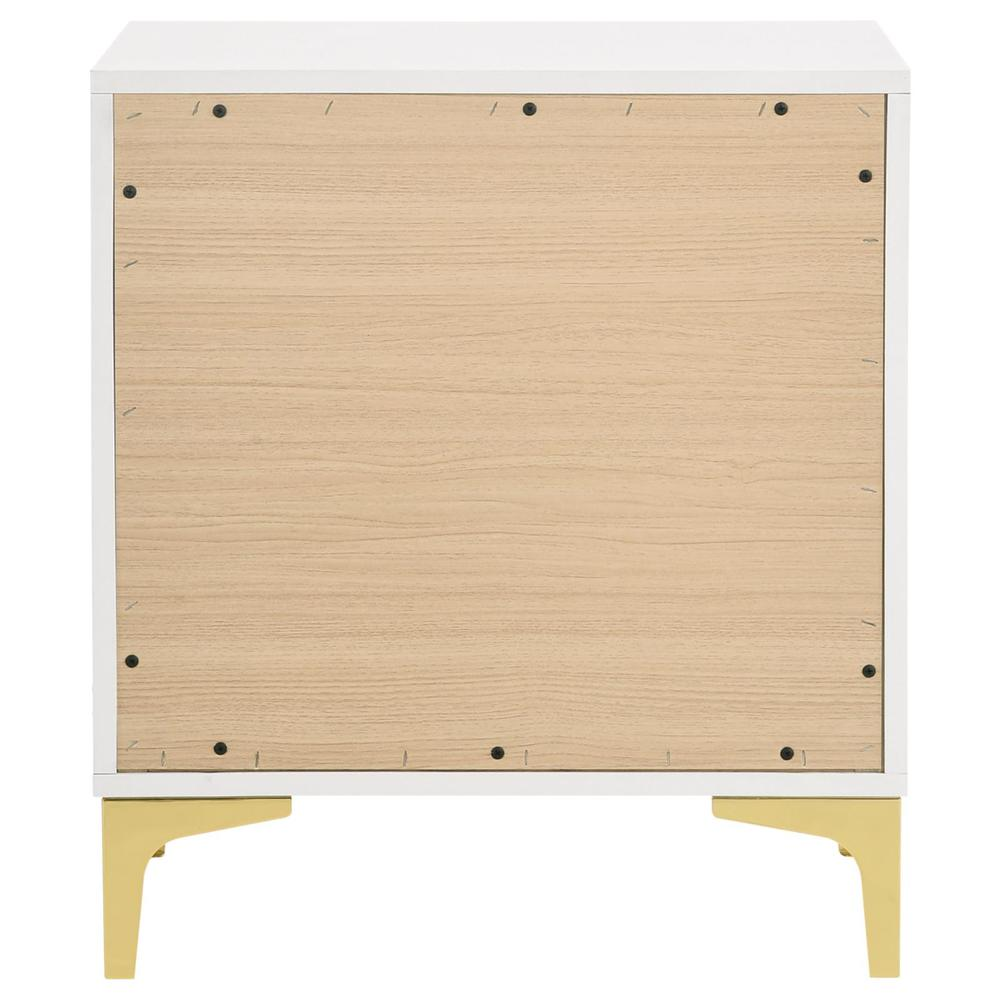White Kendall 2-drawer Nightstand by Start2Finish with sleek design and silver handles, shown with a modern bedroom setup.
