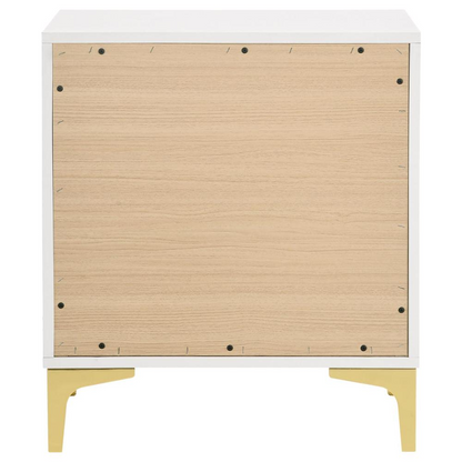 White Kendall 2-drawer Nightstand by Start2Finish with sleek design and silver handles, shown with a modern bedroom setup.
