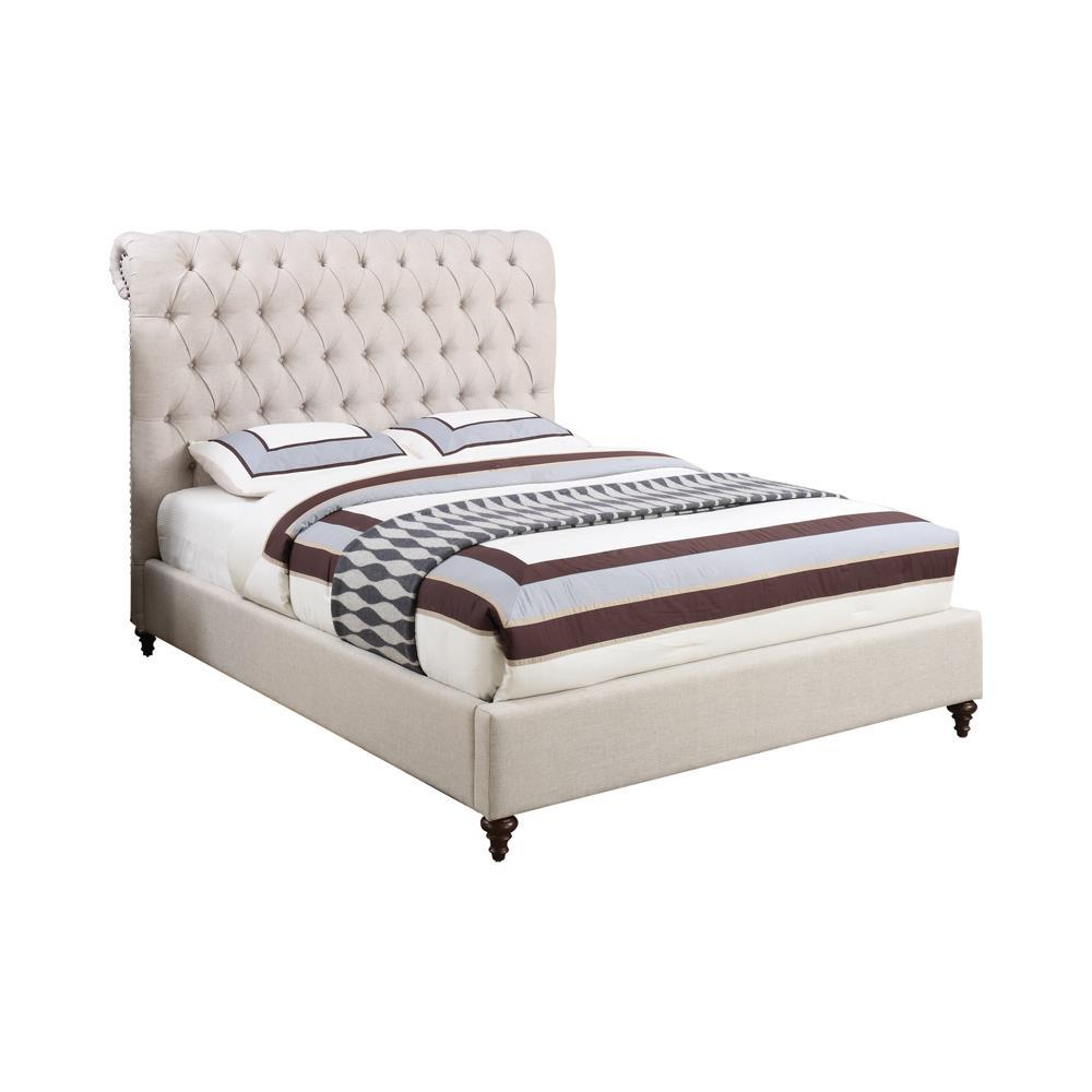 Start2Finish Devon beige 57-inch upholstered queen panel bed with padded headboard and stylish frame.
