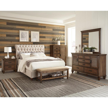 Beige upholstered Devon 57-inch queen panel bed by Start2Finish with a padded headboard and wooden frame.