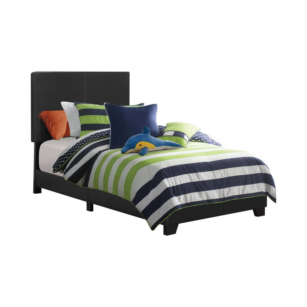 Black Dorian upholstered twin panel bed by Start2Finish with padded headboard and sleek wooden frame.