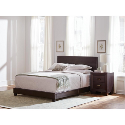 Brown Dorian upholstered full panel bed by Start2Finish with a padded headboard and sleek wooden frame.