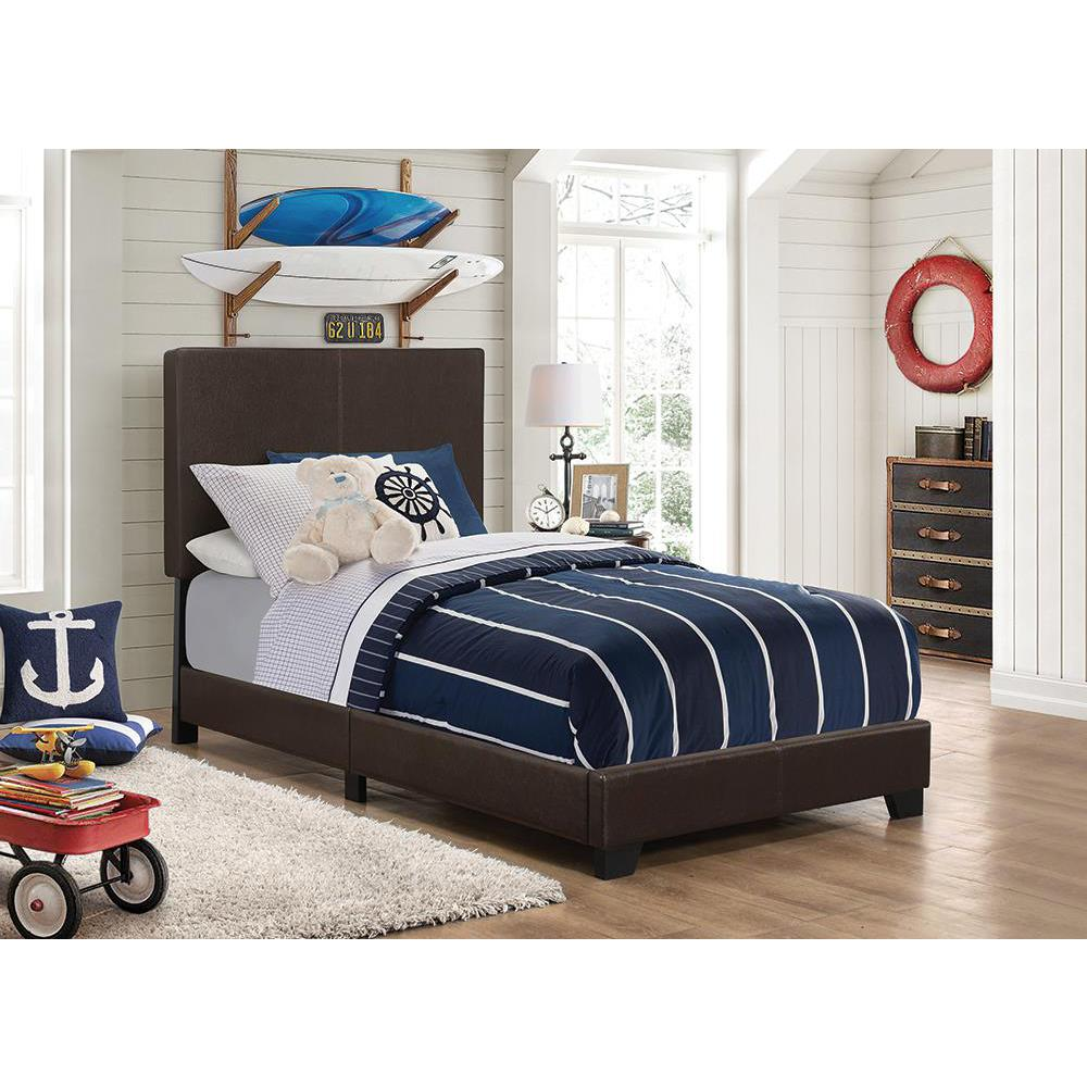 Brown Dorian upholstered twin panel bed by Start2Finish with padded headboard and sleek wooden frame.