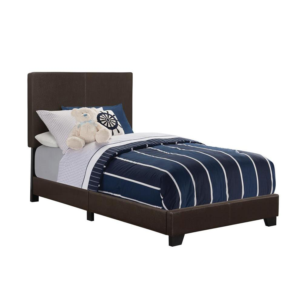 Brown Dorian upholstered twin panel bed by Start2Finish featuring a padded headboard and sleek wooden frame.