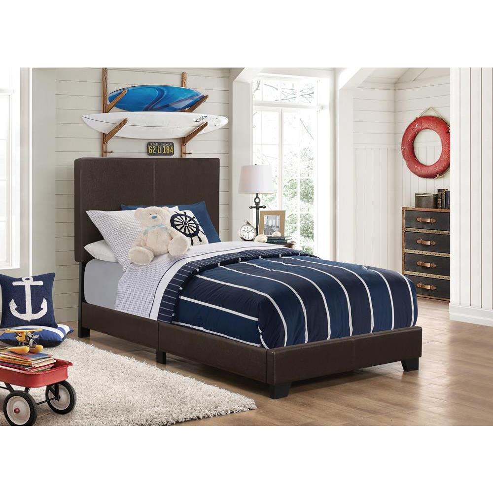 Start2Finish Dorian upholstered twin panel bed in brown with padded headboard and sleek frame, perfect for a modern bedroom.