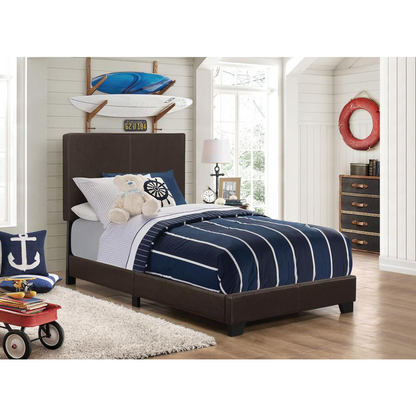Start2Finish Dorian upholstered twin panel bed in brown with padded headboard and sleek frame, perfect for a modern bedroom.