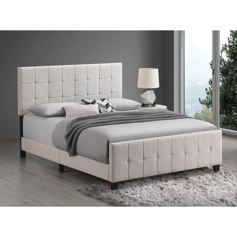Start2Finish Fairfield upholstered queen panel bed in beige, showcasing the fabric headboard and sleek furniture design.