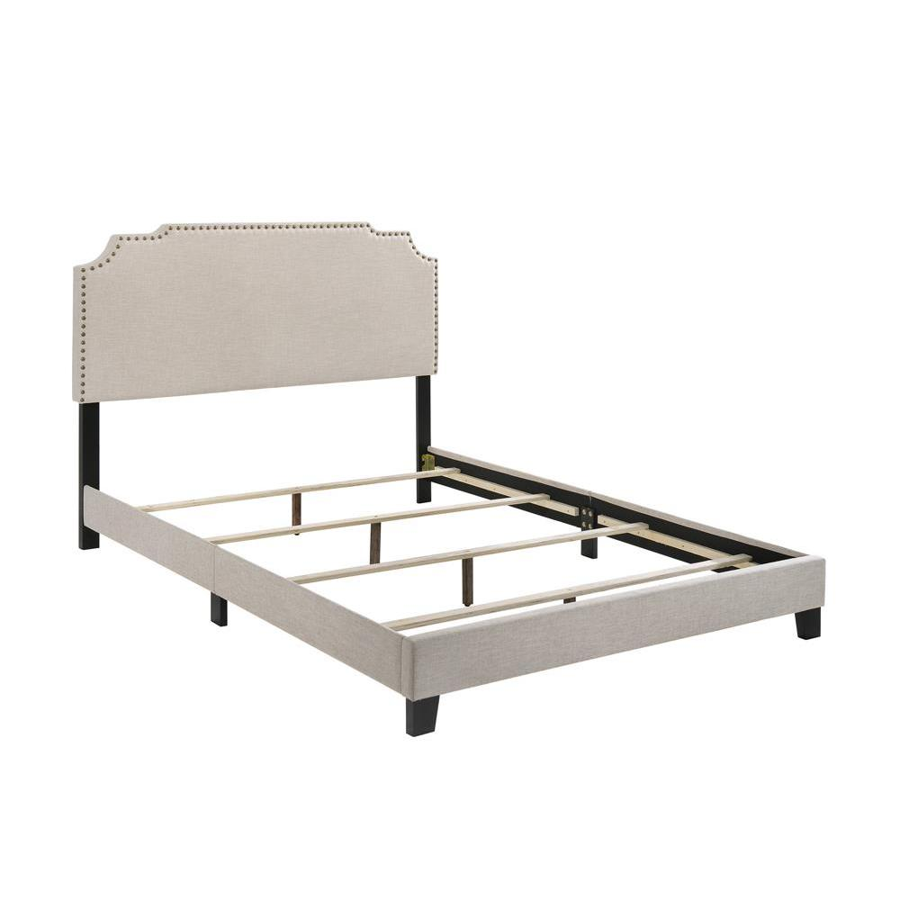 Start2Finish Tamarac upholstered full panel bed in beige with padded headboard and sleek design, perfect for a modern bedroom.