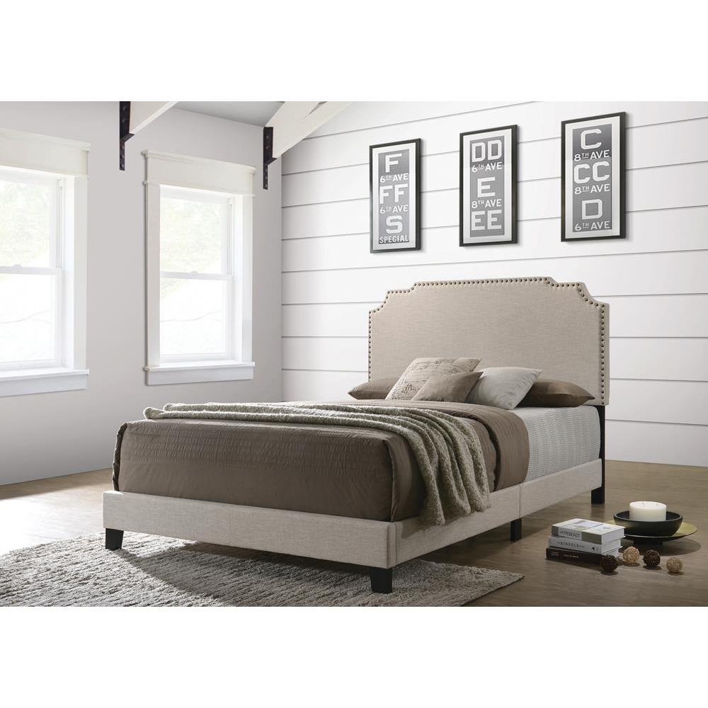 Start2Finish Tamarac upholstered queen panel bed in beige with padded headboard and sleek wooden frame.