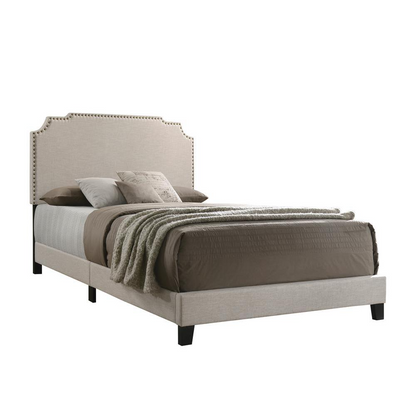 Beige Tamarac upholstered queen panel bed with padded headboard and sleek wooden frame, styled for a modern bedroom setting.