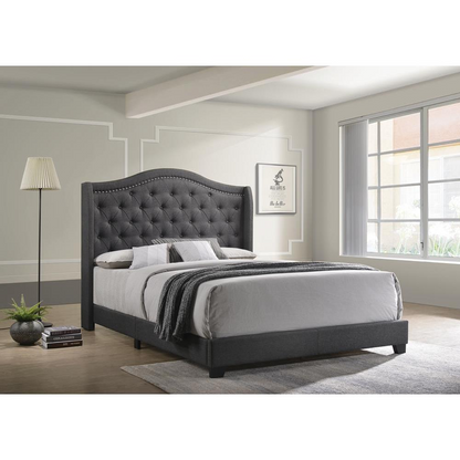 Grey upholstered Sonoma Queen Wingback Bed by Start2Finish with padded headboard and elegant winged sides.