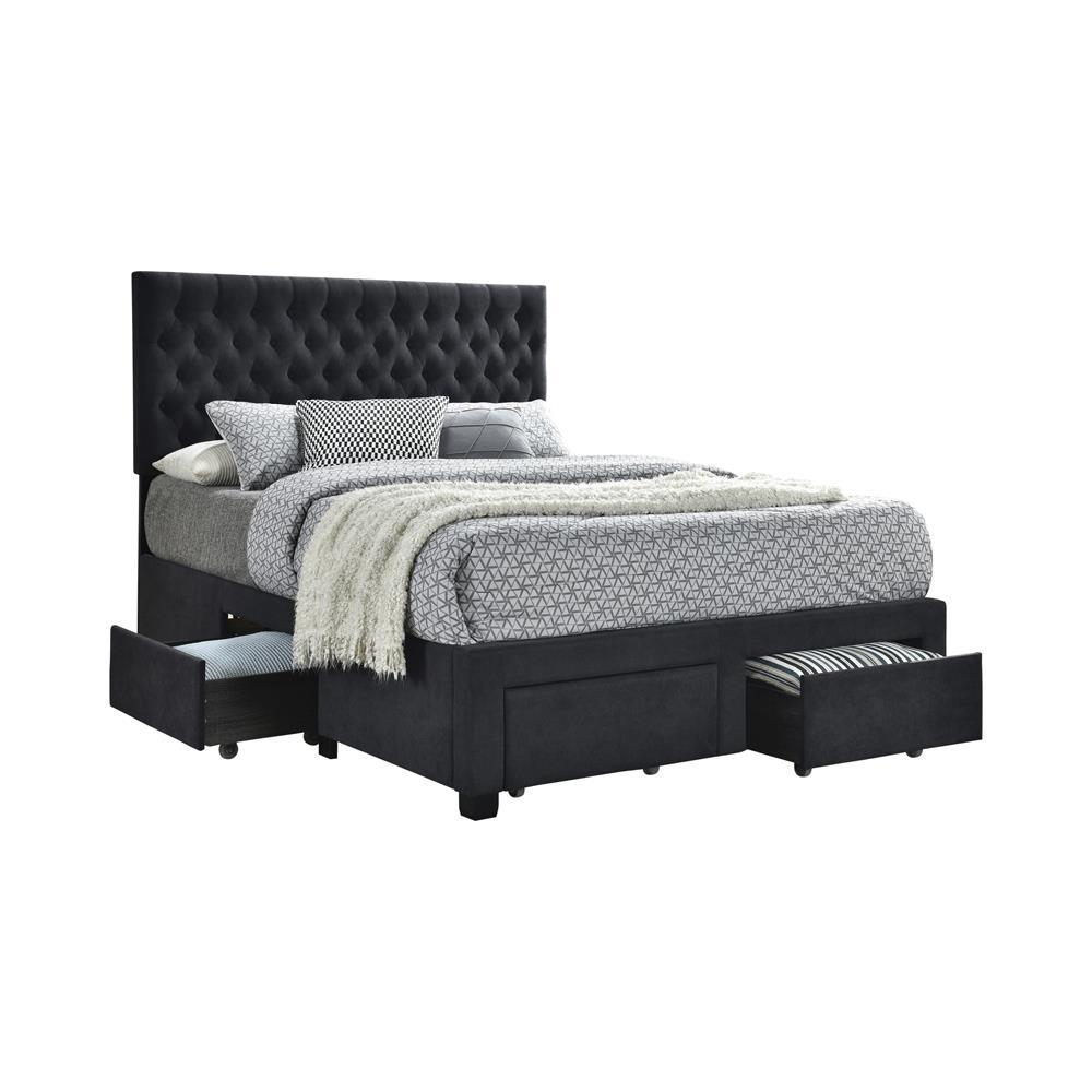 Start2Finish Soledad upholstered full storage panel bed in grey with fabric headboard and built-in under-bed storage