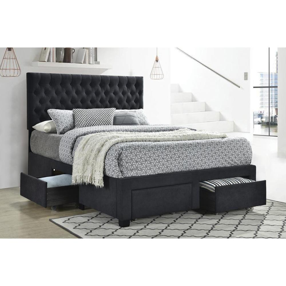 Start2Finish Soledad upholstered full storage panel bed in grey with padded headboard and built-in under-bed storage