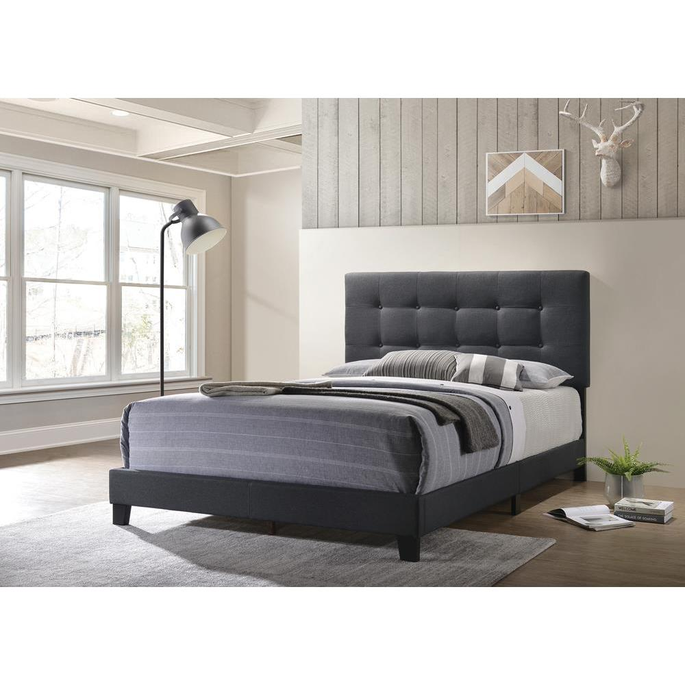Mapes upholstered queen panel bed in charcoal fabric, showcasing a modern bedroom furniture piece with clean lines and plush headboard.