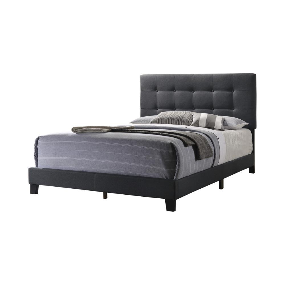 Start2Finish Mapes Upholstered Queen Panel Bed in charcoal with padded headboard and sleek frame, modern bedroom furniture.
