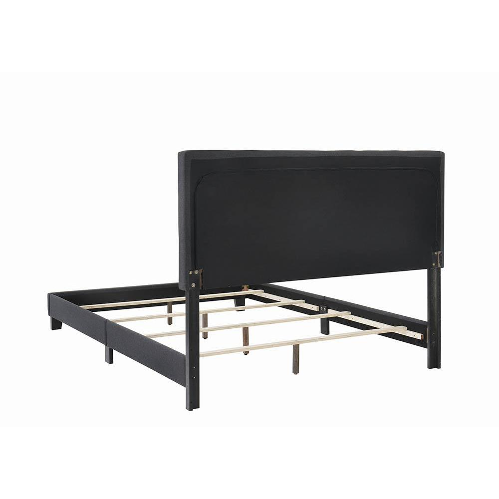 Charcoal upholstered Queen panel bed by Mapes with clean lines and padded headboard, stylish and comfortable bedroom furniture.