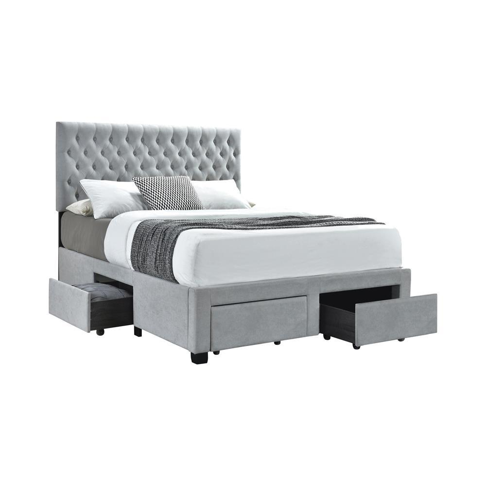 Light grey Soledad upholstered queen storage panel bed by Start2Finish, featuring a padded headboard and built-in storage drawers.