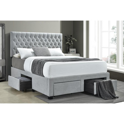 Light grey Soledad upholstered queen storage panel bed by Start2Finish featuring a padded headboard and built-in storage drawers.