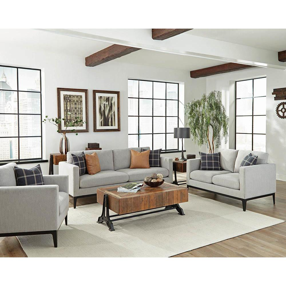 Light grey upholstered Apperson track arm sofa by Start2Finish, showing plush cushioning and modern design.