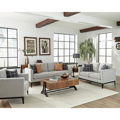 Light grey upholstered Apperson track arm sofa by Start2Finish, showing plush cushioning and modern design.