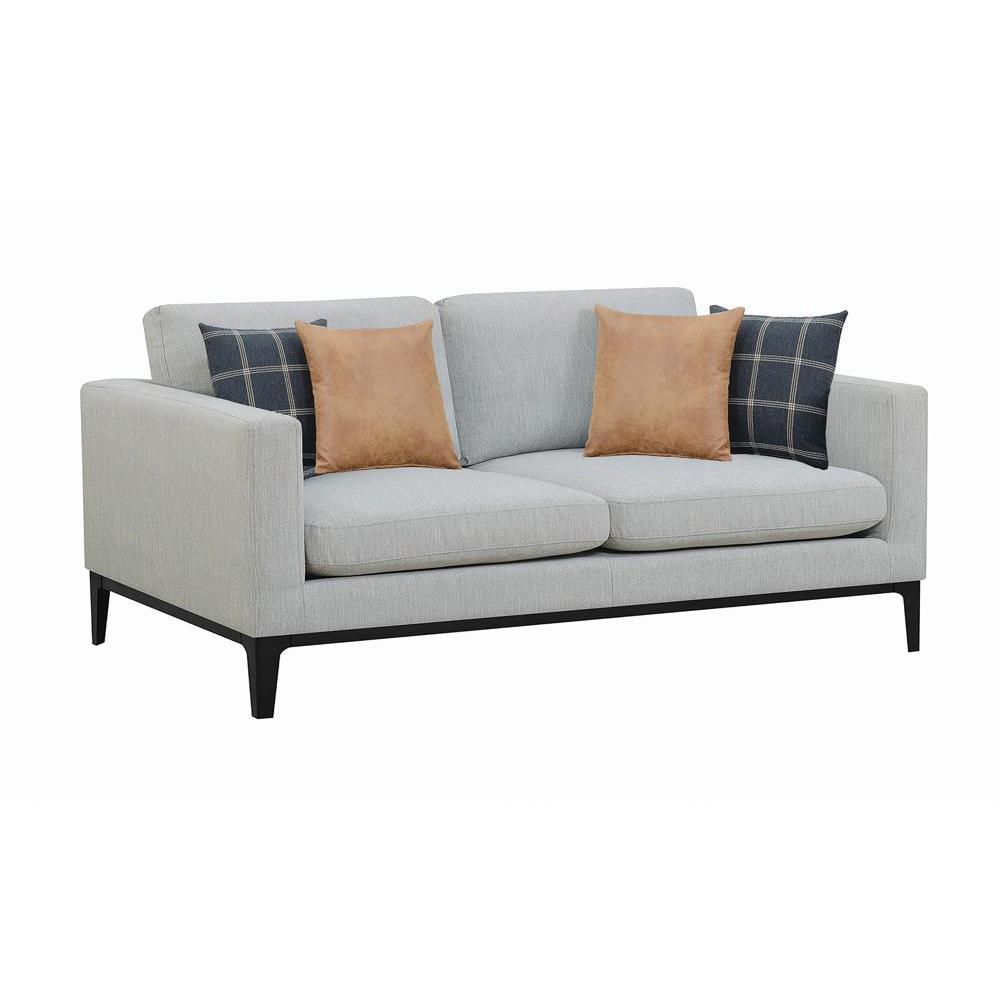 Light grey Apperson upholstered track arm sofa by Start2Finish, featuring plush cushions and sleek modern design.