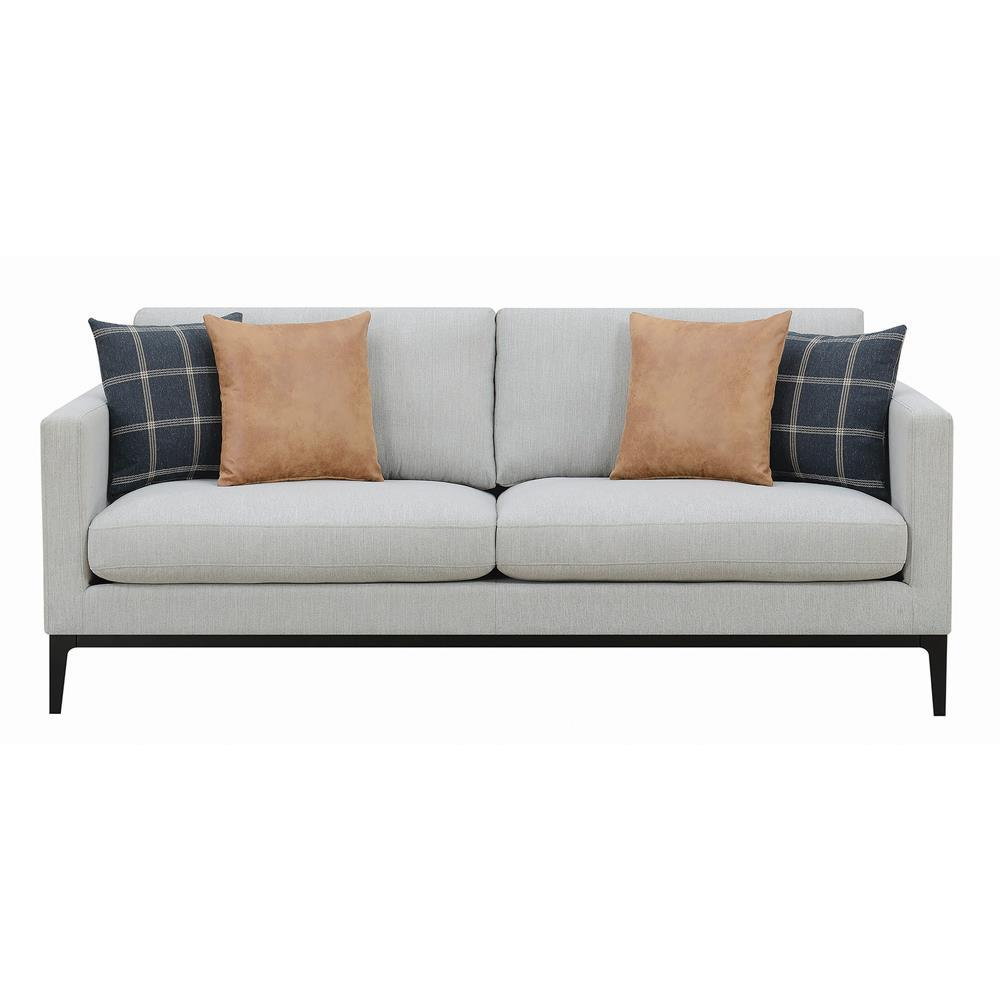 Light grey Apperson upholstered track arm sofa by Start2Finish, featuring plush fabric and sleek modern design.