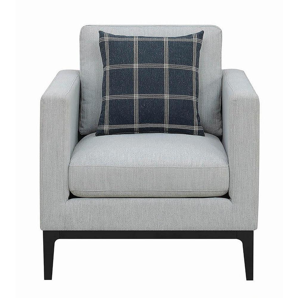 Light grey upholstered Apperson accent chair with track arms and cushioned seat, designed for stylish comfort in living spaces.