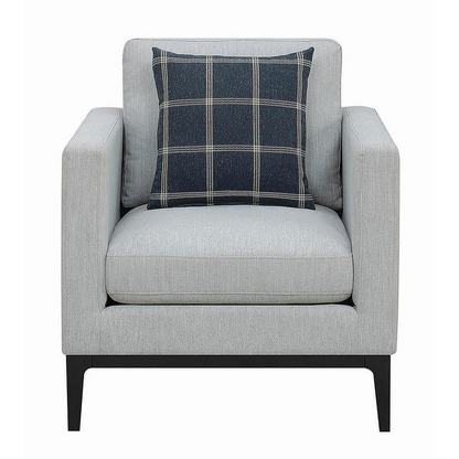 Light grey upholstered Apperson accent chair with track arms and cushioned seat, designed for stylish comfort in living spaces.