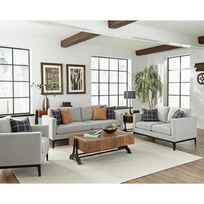 Light grey upholstered Apperson accent chair with track arms, featuring a modern furniture design by Start2Finish.