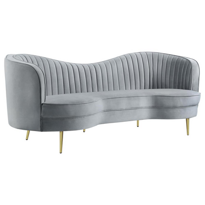 Grey Sophia upholstered channel tufted sofa by Start2Finish with plush fabric and elegant tufted detailing.