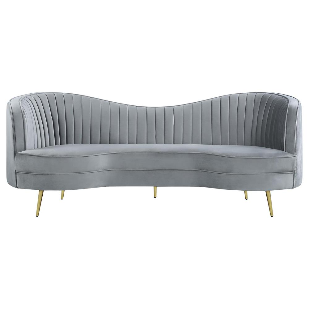 Grey Sophia upholstered channel tufted sofa with plush cushioning and elegant button-tufted design from Start2Finish.