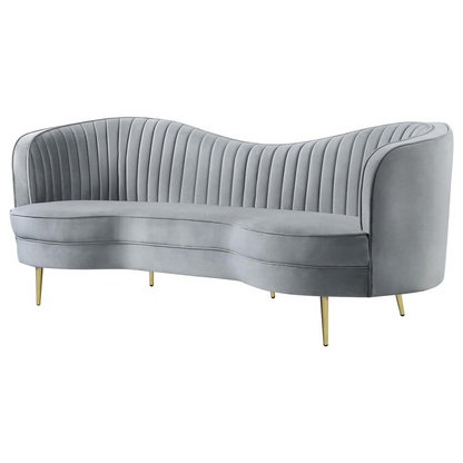 Grey Sophia upholstered channel tufted sofa by Start2Finish with plush cushioning and modern design, shown from a side view.