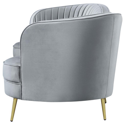 Grey Sophia upholstered channel tufted sofa by Start2Finish with plush fabric and button-tufted detailing, shown in a modern living room setting.