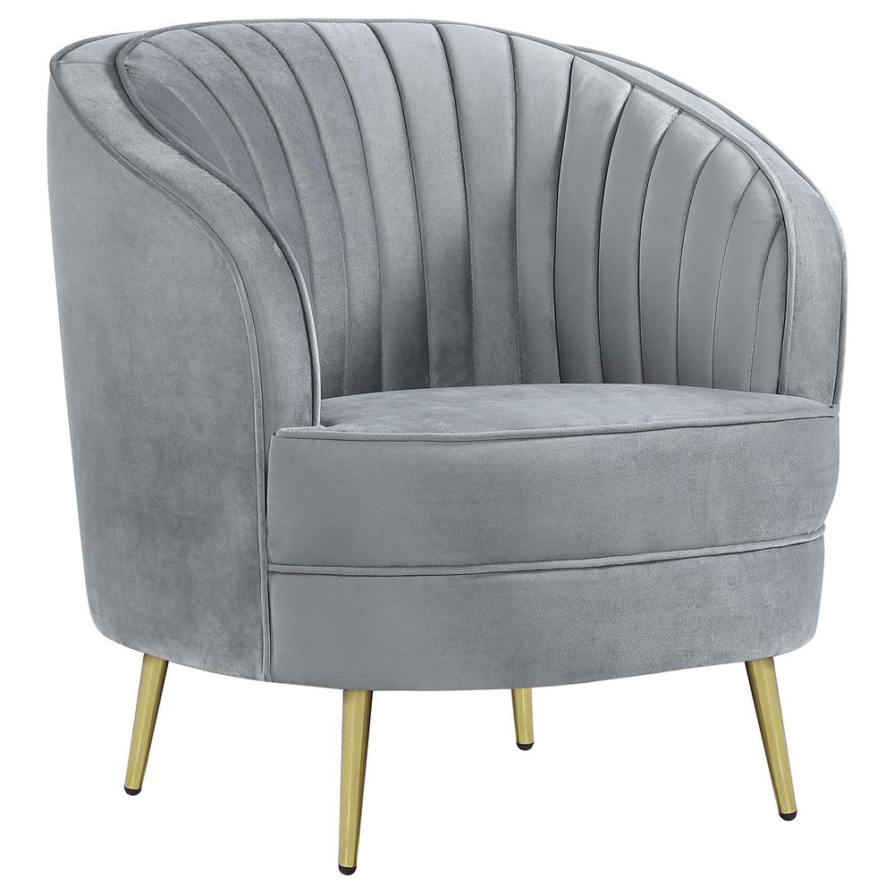 Grey Sophia upholstered channel tufted barrel accent chair with armrests, stylish and comfortable for living room decor.
