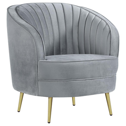 Grey Sophia upholstered channel tufted barrel accent chair with armrests, stylish and comfortable for living room decor.