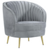 Grey Sophia upholstered channel tufted barrel accent chair with armrests, stylish and comfortable for living room decor.