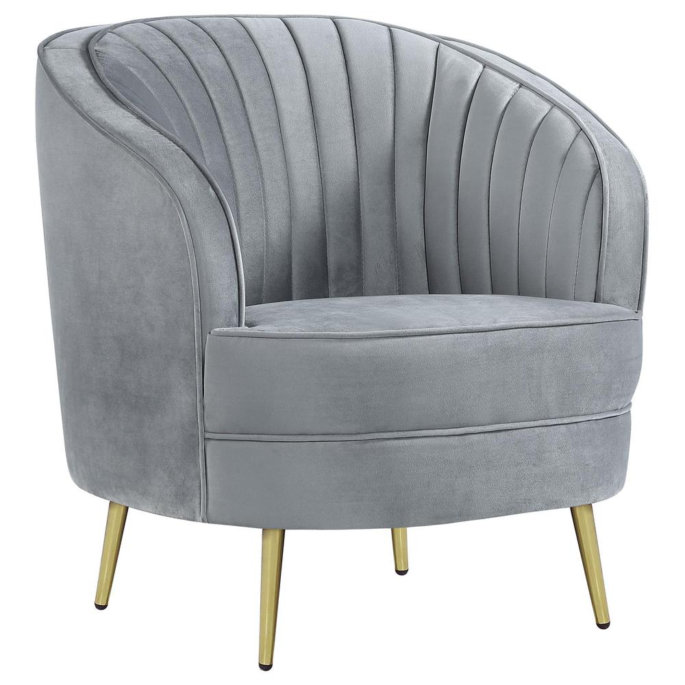 Grey Sophia upholstered channel tufted barrel accent chair by Start2Finish, showing plush fabric and stylish design.